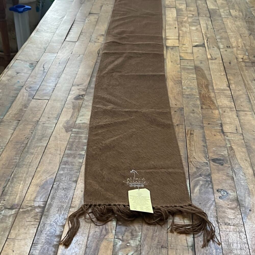 NWT Alpaca Camargo Brown Fringed Scarf 70" x 9" Made In Peru Embroidered Logo